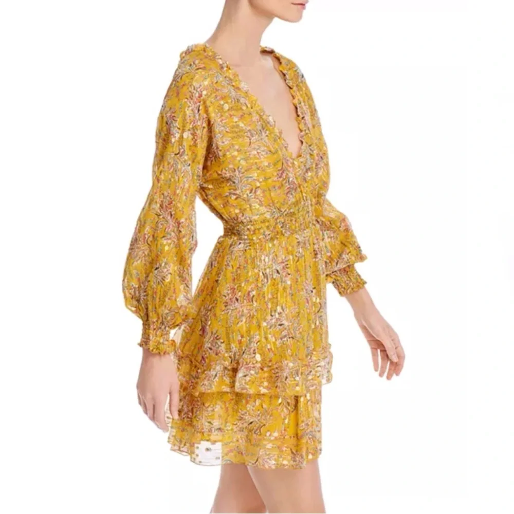 THE KOOPLES FEUILLE D’OR SILK FLORAL METALLIC GOLD YELLOW LONG SLEEVE MINI DRESS - Picture 11 of 15